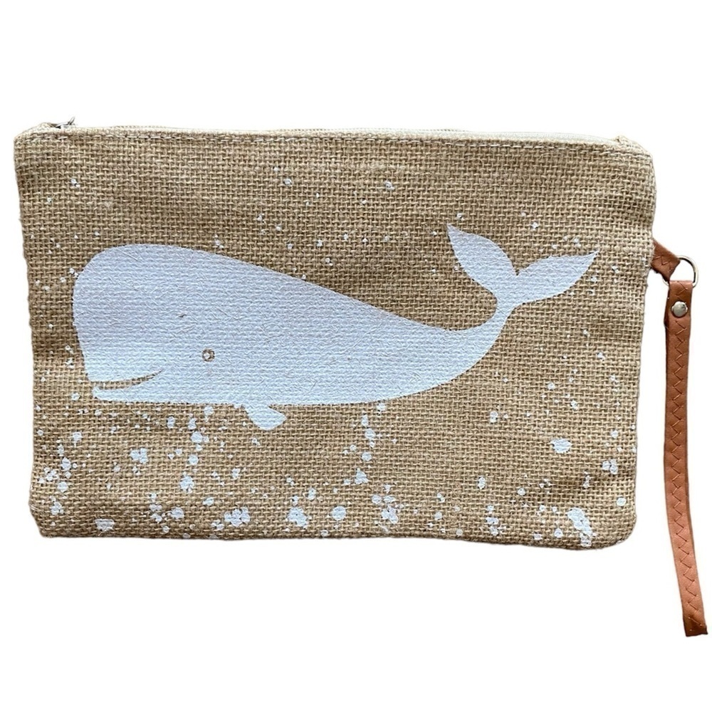 Burlap Whale Clutch Wristlet Pouch Tan/White NWOT